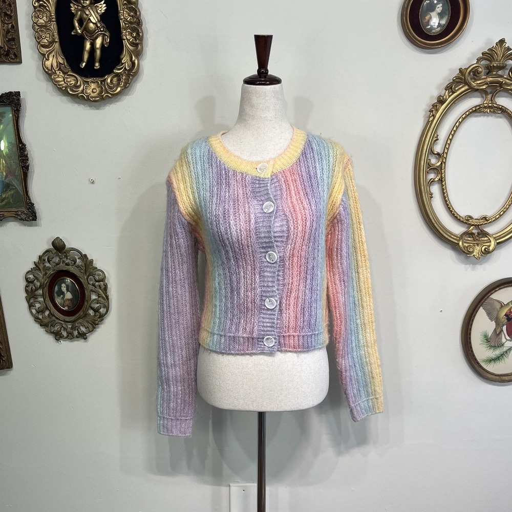 More To Come Raelyn Knit Cardigan Rainbow Pastel Ribbed Button Down Cropped XS